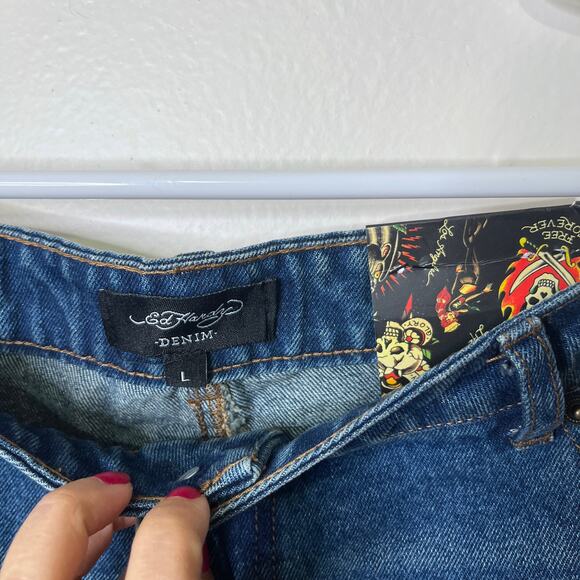 Ed Hardy Y2K Jean Shorts Large Blue Cut-Off "Dual Tigers" Print Denim NWT - Picture 3 of 5